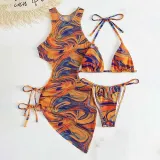 Women 3 Piece Ombre Triangle Halter Side Lace Up Dress Cover Up Bikini Swimsuit
