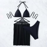 Women 3 Piece Ring Linked Plunging Triangle Halter Cover Up Mesh Skirt Bikini Swimsuit