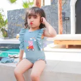 Girls Bathing Suits Cartoon Pig Riding The Bicycle One Piece Ruffled Cuff Swimsuits