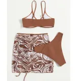 Women 3 Piece Solid Color Ring Linked Plunging High Cut Cover Up Mesh Skirt Bikini Swimsuit