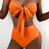 Women Two Pieces Halter Ruched Bandeau Bowknot High Waist Bikini Swimsuit