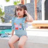 Girls Bathing Suits Cartoon Pigs With Balloons One Piece Ruffled Cuff Swimsuits