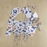 Women 4 Piece Butterfly Prints Triangle Halter Cover Up Drawstring Skirt Bikini Swimsuit