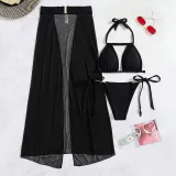 Women 3 Piece Cut Out Halter Chain Linked High Cut Cover Up Belt Mesh Kimono Bikini Swimsuit