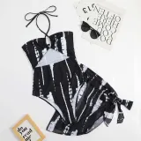 Women Two Piece Tie Dye Drawstring Cut Out Halter Cover Up Knot Kimonos Bikini Swimsuit