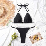 Women Two Pieces Ring Linked Plunging Halter Brassiere Triangle Bikini Swimsuit