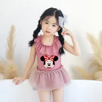 Girls Bathing Suits Cartoon Mouse Head With Bow Tie One Piece Lace Collar Swimsuits