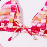 Women 3 Piece Tie Dye Gradient Drawstring Triangle Cup Cover Up Knot Kimonos Bikini Swimsuit