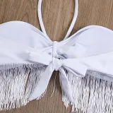Women Two Piece Ruched Tassel Halter High Cut Cover Up Mesh Skirt Bikini Swimsuit