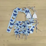 Women 4 Piece Butterfly Prints Triangle Halter Cover Up Drawstring Skirt Bikini Swimsuit