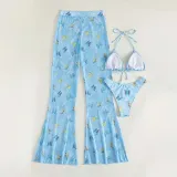 Women 3 Piece Butterfly Triangle Halter High Cut Cover Up Pants Bikini Swimsuit
