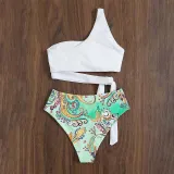 Women Two Pieces One Shoulder Side Knot Tankini Flower Prints Bikini Swimsuit
