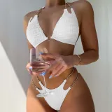 Women Two Pieces Ring Linked Plunging Halter Triangle Bikini Swimsuit
