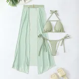 Women 3 Piece Cut Out Halter Chain Linked High Cut Cover Up Belt Mesh Kimono Bikini Swimsuit