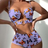 Women Two Pieces Ring Linked Plunging Push Up Butterfly Prints High Waist Bikini Swimsuit