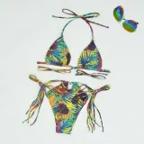 Women Two Pieces Halter Criss Cross Tassle Padded String Thong High Cut Bikini Swimsuit