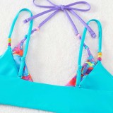 Women Two Pieces Rib Binding Trim Halter Tie Dye Bikini Swimsuit