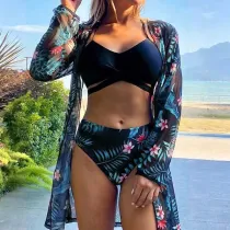 Women 3 Piece Sweetheart Criss Cross High Waist Cover Up Tropical Kimono Bikini Swimsuit