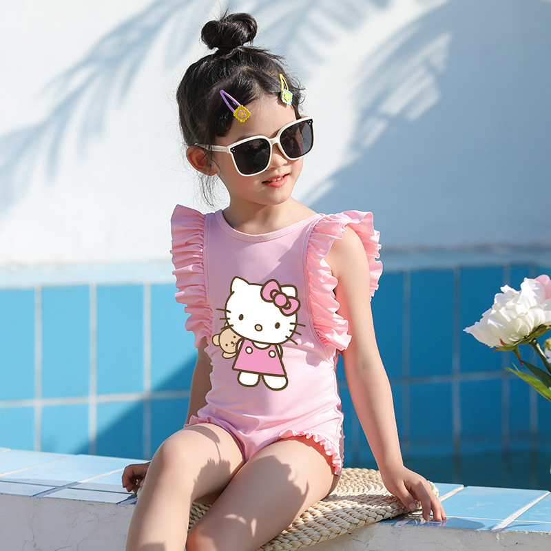 Girls Bathing Suits Cartoon Cat With Toy One Piece Ruffled Cuff Swimsuits