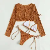 Women 3 Piece Leopard Prints Triangle Brassiere Side Tie Long Sleeve Tankini Cover Up Bikini Swimsuit
