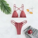 Women Two Pieces Criss Cross Padded String Thong High Cut Bikini Swimsuit