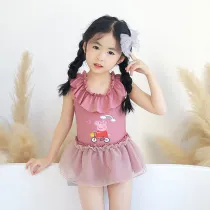 Girls Bathing Suits Cartoon Pig Riding The Bicycle One Piece Lace Collar Swimsuits