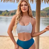 Women Two Pieces Stripe Tankini Back Lace Up High Waist Bikini Swimsuit