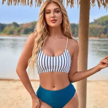 Women Two Pieces Stripe Tankini Back Lace Up High Waist Bikini Swimsuit