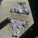 Women Two Pieces Chain Ring Linked Plunging High Cut Bikini Swimsuit