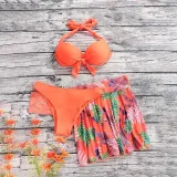 Women 3 Piece Tropical Ruched Bowknot Halter Cover Up Skirt Bikini Swimsuit