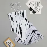 Women Two Piece Tie Dye Drawstring Cut Out Halter Cover Up Knot Kimonos Bikini Swimsuit