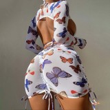 Women 4 Piece Butterfly Prints Triangle Halter Cover Up Drawstring Skirt Bikini Swimsuit