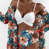Women 3 Piece Criss Cross Push Up Tropical Prints Cover Up Kimonos Bikini Swimsuit