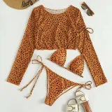 Women 3 Piece Leopard Prints Triangle Brassiere Side Tie Long Sleeve Tankini Cover Up Bikini Swimsuit
