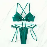 Women Two Pieces Criss Cross Rushed Padded String Thong High Cut Bikini Swimsuit