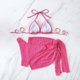 Women 3 Piece Solid Color Triangle Halter High Cut Cover Up Skirt Bikini Swimsuit