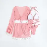 Women 4 Piece Bandeau Criss Cross Triangle Halter Bowknot Halter Cover Up Tassel Tops and Skirt Bikini Swimsuit