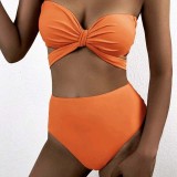 Women Two Pieces Halter Ruched Bandeau Bowknot High Waist Bikini Swimsuit