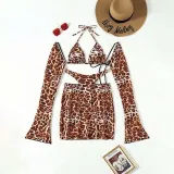 Women Two Piece Leopard Prints Long Sleeve Triangle Drawstring Halter Skirt Cover Up Bikini Swimsuit