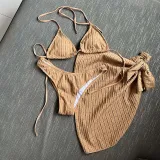Women 3 Piece Solid Color Triangle Halter Side Knot Skirt Cover Up Bikini Swimsuit