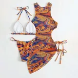 Women 3 Piece Ombre Triangle Halter Side Lace Up Dress Cover Up Bikini Swimsuit