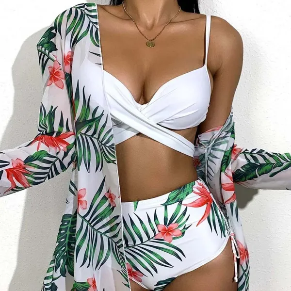 Women 3 Piece Criss Cross Push Up Tropical Prints Cover Up Kimonos Bikini Swimsuit