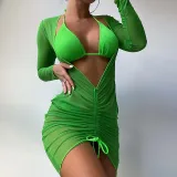 Women 3 PieceTriangle Halter High Cut Mesh Drawstring Cover Up Bikini Swimsuit