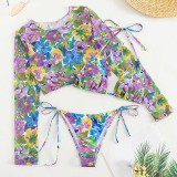 Women 3 Piece Allover Flower Prints Halter High Cut Cover Up Tankini Bikini Swimsuit