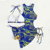 Women 3 Piece Ombre Triangle Halter Side Lace Up Dress Cover Up Bikini Swimsuit
