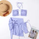Women 3 Piece Solid Color Ruched Criss Cross Halter Cover Up Side Knot Skirt Bikini Swimsuit