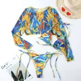 Women 3 Piece Leopard Prints Triangle Brassiere Side Tie Long Sleeve Tankini Cover Up Bikini Swimsuit