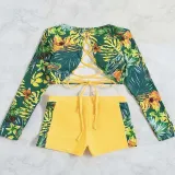 Women Two Piece Long Sleeve Flower Prints Back Lace Up Tankini and Shorts Bikini Swimsuit