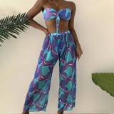 Women 3 Piece Color Block Tie Dye Bandeau Bowknot Halter High Cut Cover Up Pants Bikini Swimsuit