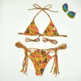 Women Two Pieces Halter Criss Cross Tassle Padded String Thong High Cut Flower Prints Bikini Swimsuit